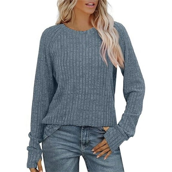 Yigetop Cute Sweaters for Women Women's Long Sleeve Tops Crewneck Basic Lightweight Fall Shirt with Thumb Holes Womens Fall Tops Blue, S