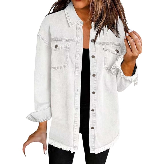 Yigetop Denim Jacket for Women Washed Denim Shirt Jacket Fashion Casual Hem Women's Jacket Tops for Women Trendy White L