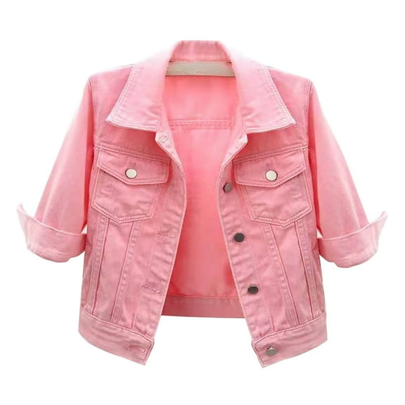 Yigetop Denim Jacket for Women Women's 3/4 Sleeve Colored Cropped Denim Jacket Light Wash Jacket Lohas Time Coat Jean Jacket Women Pink L