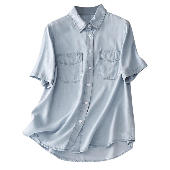 Yigetop Denim Shirt Women, Denim Short Sleeved Loose Summer Thin Shirt Short Sleeve Denim Shirt for Women Light Blue A