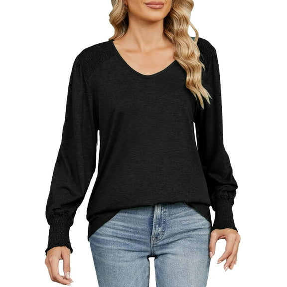 Yigetop Early Fall Fashion, New Loose V Neck Sleeves Loose Pleated T Shirt Women's Top Womens Tops Black L