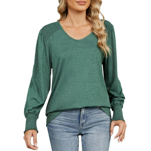 Yigetop Early Fall Fashion, New Loose V Neck Sleeves Loose Pleated T Shirt Women's Top Womens Tops Blackish Green 2XL
