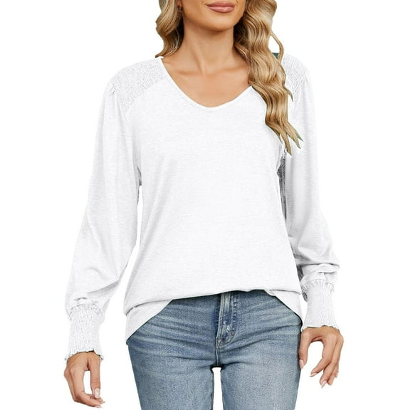 Yigetop Early Fall Fashion, New Loose V Neck Sleeves Loose Pleated T Shirt Women's Top Womens Tops White S