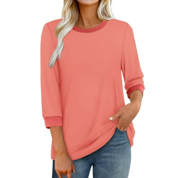 Yigetop Elbow Sleeve Tops Women, Women's Round Neck Printed 3/4 Sleeves Blouse Tops Women's Blouse T Shirt Half Sleeve Tops for Women orange L