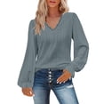thumbnail image 1 of Yigetop Eyelet Tops for Women, Women's Solid Color V Neck T Shirt Autumn Hollow Out Casual Pleated Sleeve Lace Sleeve Top Dressy Blouses for Women Long Sleeve Blackish Green L, 1 of 6