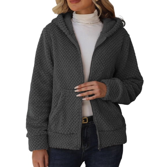 Yigetop Fall Jackets Women Fleece Lightweight Short Jacket Hooded Spring Fall Transitional Fashion Cute Thin Coat Sherpa Coats for Women, Dark Gray, M