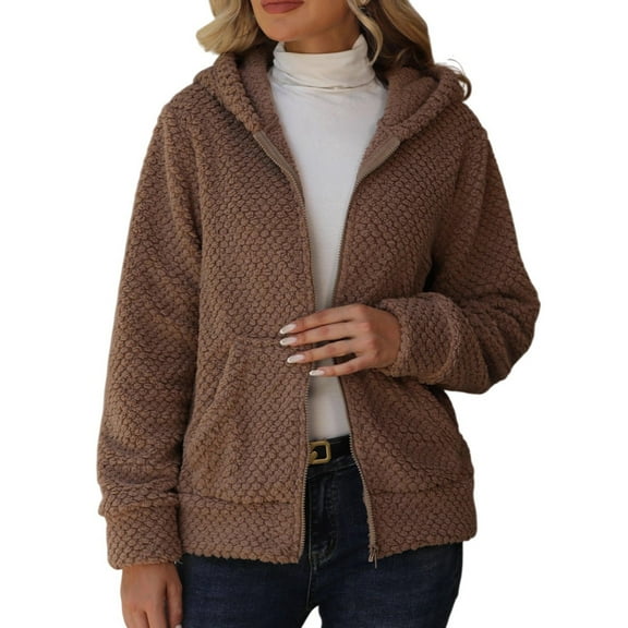 Yigetop Fall Jackets Women Fleece Lightweight Short Jacket Hooded Spring Fall Transitional Fashion Cute Thin Coat Sherpa Coats for Women, Khaki, S