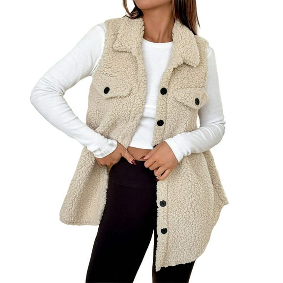 Yigetop Fall Vest for Women, Women's Sleeveless Fleece Vest with/without Hood Teddy Fleece Winter Vest Thick Plush Cardigan Warm Plush Vest Checked Printed Tedd Vest Jackets for Women Beige L