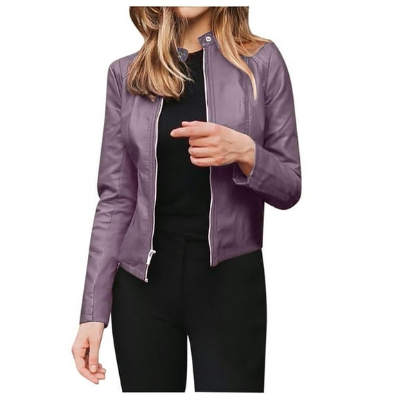 Yigetop Fashion Jackets For Women Fashion Women Long Sleeve Open Front Short Cardigan Suit Jacket Coat Top Faux Leather Jacket Women Purple 2XL