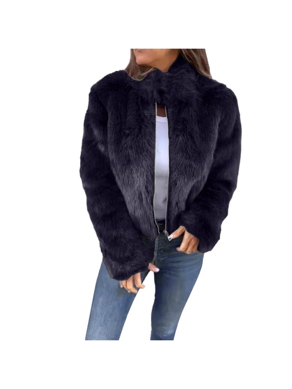 Faux Fur Jacket Women Women's Fashion Cropped Faux Jacket Shaggy Warm Open Front Cardigan Coat Casual Long Sleeve Outerwear Fuzzy Jackets for Women Black L