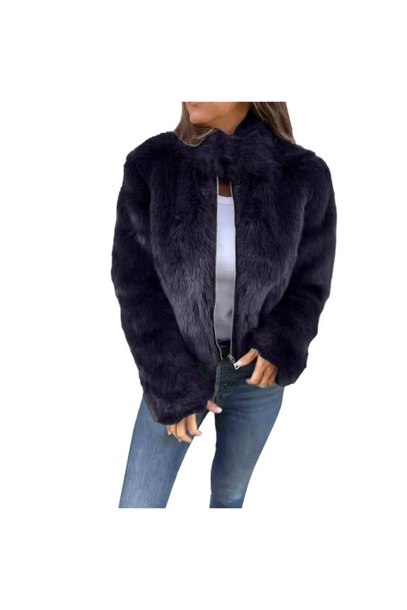 Faux Fur Jacket Women Women's Fashion Cropped Faux Jacket Shaggy Warm Open Front Cardigan Coat Casual Long Sleeve Outerwear Fuzzy Jackets for Women Black L