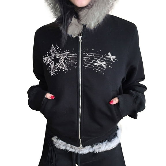 Yigetop Faux Fur Jacket Women Zip Up Hoodie Collar Jacket 2000S Clothes Women Crop Winter Coats Teen Vintage Streetwear Fur Trim Top Black L