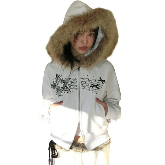 Yigetop Faux Fur Jacket Women Zip Up Hoodie Collar Jacket 2000S Clothes Women Crop Winter Coats Teen Vintage Streetwear Fur Trim Top White S