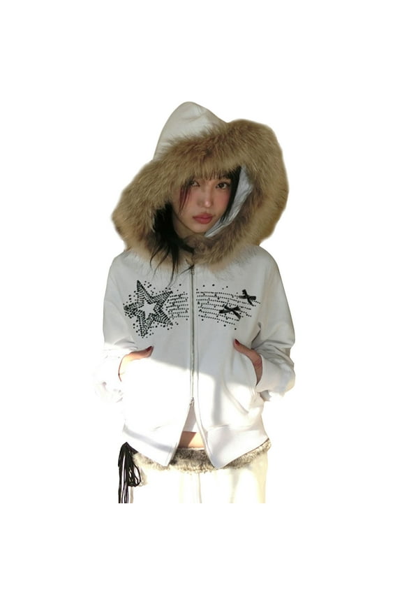Faux Fur Jacket Women Zip Up Hoodie Collar Jacket 2000S Clothes Women Crop Winter Coats Teen Vintage Streetwear Fur Trim Top White S