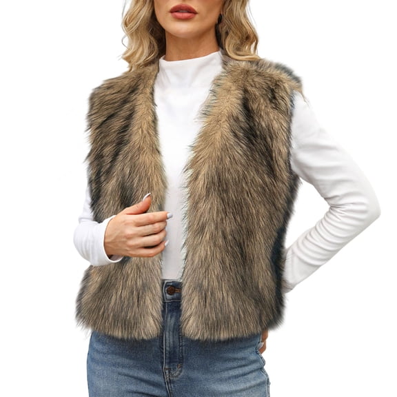 Yigetop Faux Fur Vest Womens Vest V Neck Sleeveless Open Front Cardigan Top Fuzzy Coats Jacket Outwear with Pockets Furry Vest Women Gold L