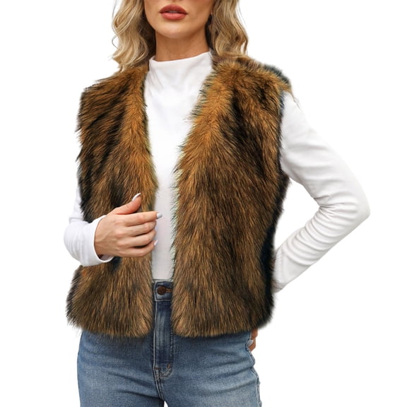 Yigetop Faux Fur Vest Womens Vest V Neck Sleeveless Open Front Cardigan Top Fuzzy Coats Jacket Outwear with Pockets Furry Vest Women Yellow L