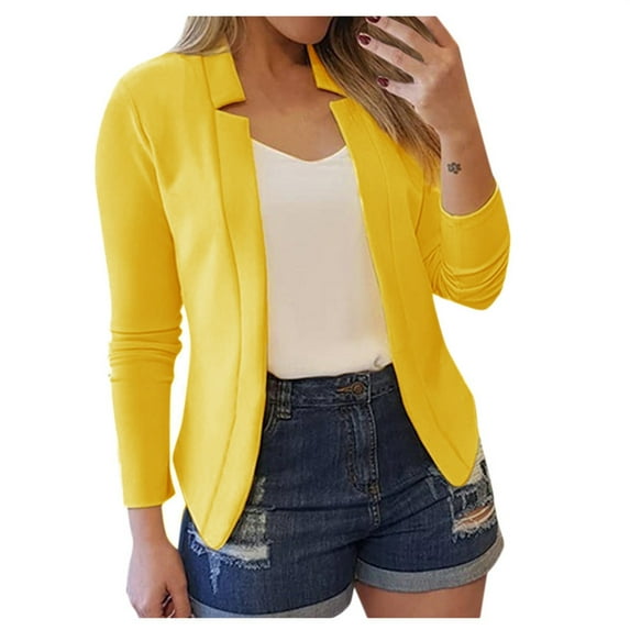 Yigetop Fitted Blazers For Women Women Fashion Casual Solid Long Sleeve Open Front Notched Collar Suit Cardigan Office Ladies Jacket Coat Womens Blazer Yellow 2XL
