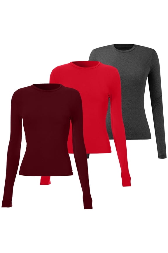 Fitted Shirts for Women 3 Pieces Women Basic Long Sleeve Top Slim Baby Tee Round Neck Dupe Crop Layering Slim Top Blouse Aesthetic Streetwear Long Sleeve Undershirt for Women U, XS