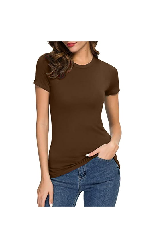 Fitted T Shirts for Women, Womens Basic Solid Color Crew Neck Short Sleeve Long Tee Shirt Basic Tops for Woman Coffee L