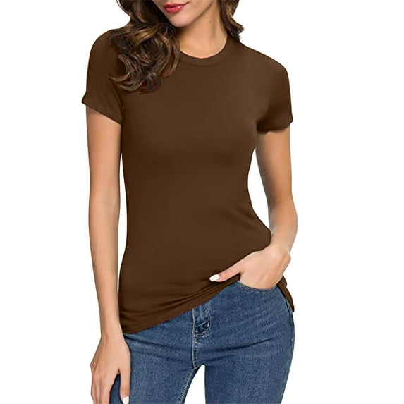 Yigetop Fitted T Shirts for Women, Womens Basic Solid Color Crew Neck Short Sleeve Long Tee Shirt Basic Tops for Woman Coffee M