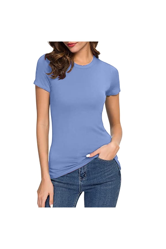 Fitted T Shirts for Women, Womens Basic Solid Color Crew Neck Short Sleeve Long Tee Shirt Basic Tops for Woman Light Blue L