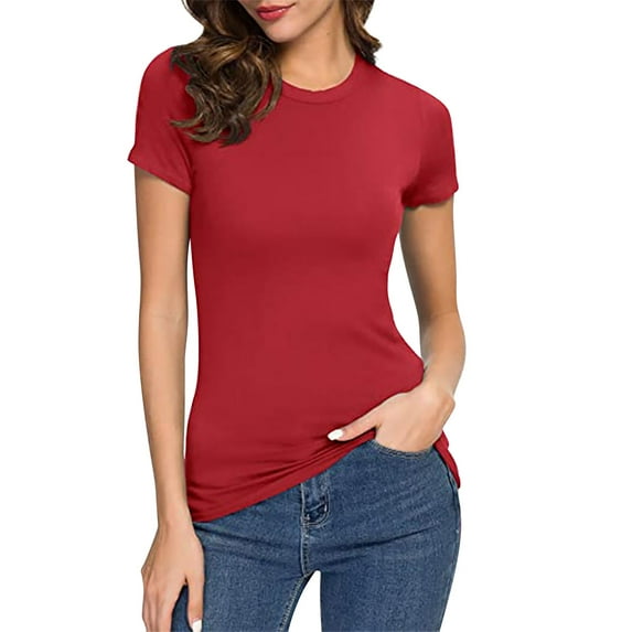 Yigetop Fitted T Shirts for Women, Womens Basic Solid Color Crew Neck Short Sleeve Long Tee Shirt Basic Tops for Woman Red1 XL