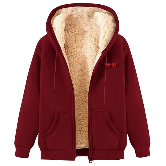 Yigetop Fleece Jacket Women, Women Autumn Winter Casual Solid Hooded Neck Long Sleeve Pocket Sweatshirt Tops Zipper Coat Zip Up Jacket Wine 3XL