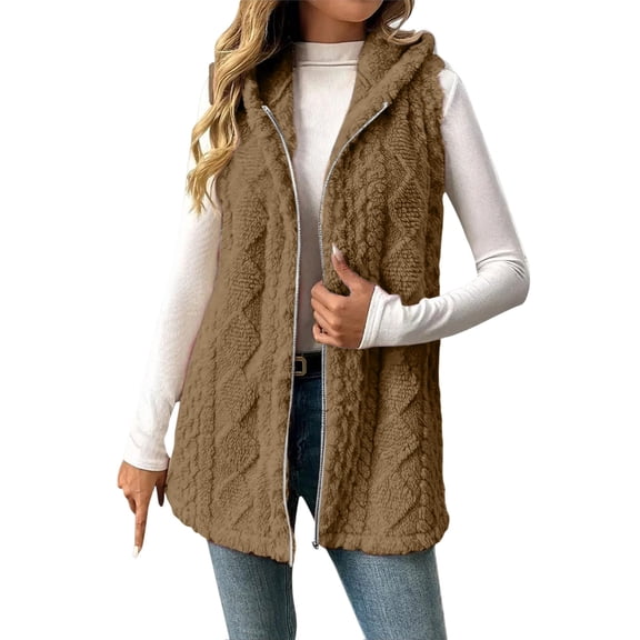 Yigetop Fleece Vest Women Women Sleeveless Jacket Long Button Down Fleece Lined Hooded Jackets Soft Comfy Fuzzy Sweater Vests Outerwear Hoodie Vest Women Coffee M