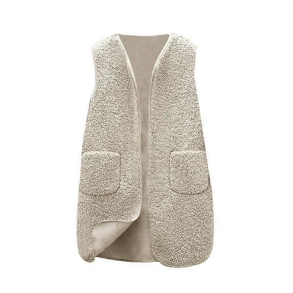 Yigetop Fleece Vest, Women's Solid Color Lambhair Round Tie Pocket Warm Loose Casual Long Vest Sherpa Vest Womens White 2XL