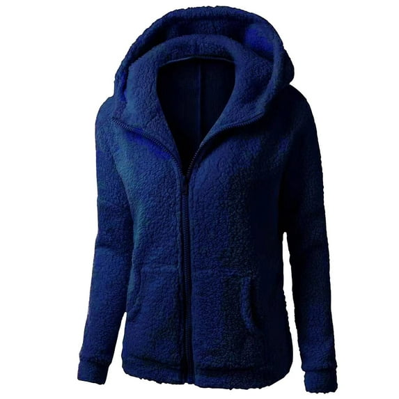 Yigetop Fleece Zip Up Women, Womens Warm Fuzzy Zip Up Hoodie Oversized Jacket with Pockets Faux Fur Fleece Winter Coats Hooded Jacket Women Navy M