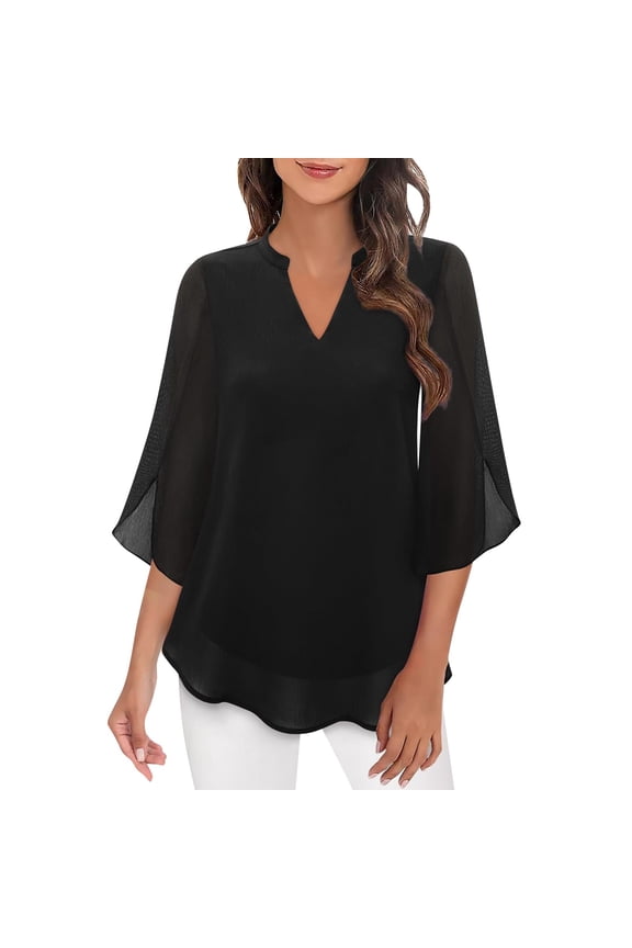 Flowy Tops for Women! Womens Tops Casual Ruffle 3/4 Sleeve V Neck Double Chiffon Blouses Tops 3/4 Sleeve Tops for Women Black M