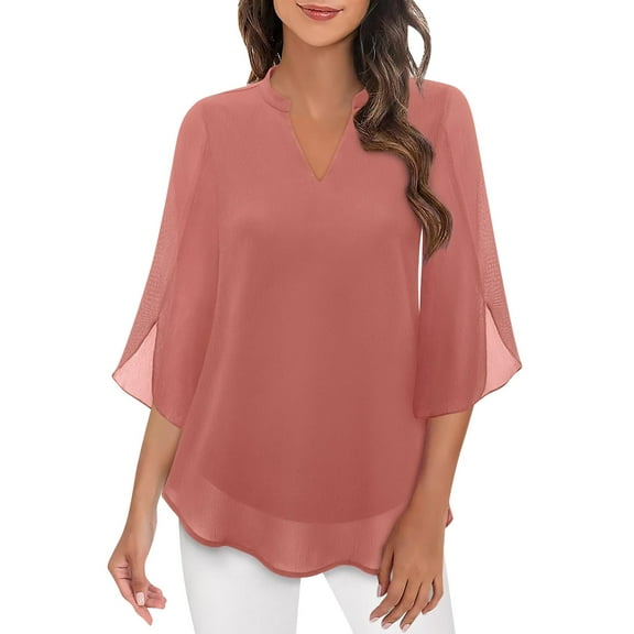Yigetop Flowy Tops for Women! Womens Tops Casual Ruffle 3/4 Sleeve V Neck Double Chiffon Blouses Tops 3/4 Sleeve Tops for Women Pink S