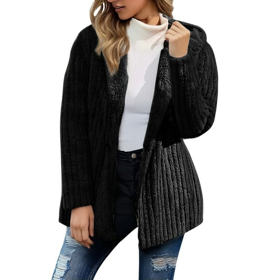 Yigetop Fluffy Jacket, Long Cardigans Jackets for Women Trendy Casual Faux Fuzzy Coats Hooded Open Front Fleece Jackets Outerwear Fuzzy Jackets for Women Black L