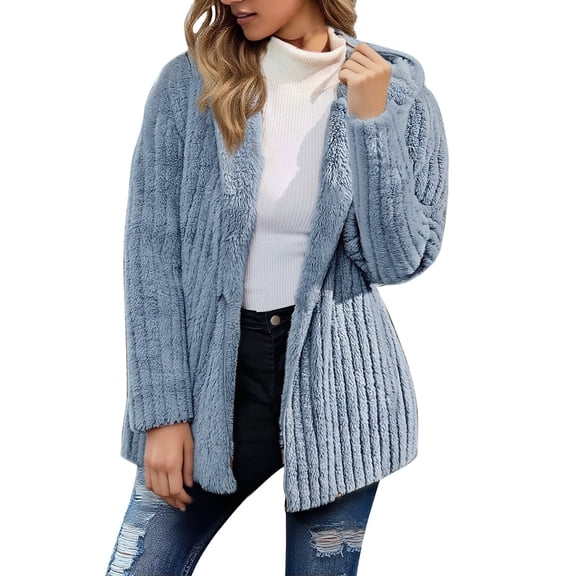 Yigetop Fluffy Jacket, Long Cardigans Jackets for Women Trendy Casual Faux Fuzzy Coats Hooded Open Front Fleece Jackets Outerwear Fuzzy Jackets for Women Blue XS