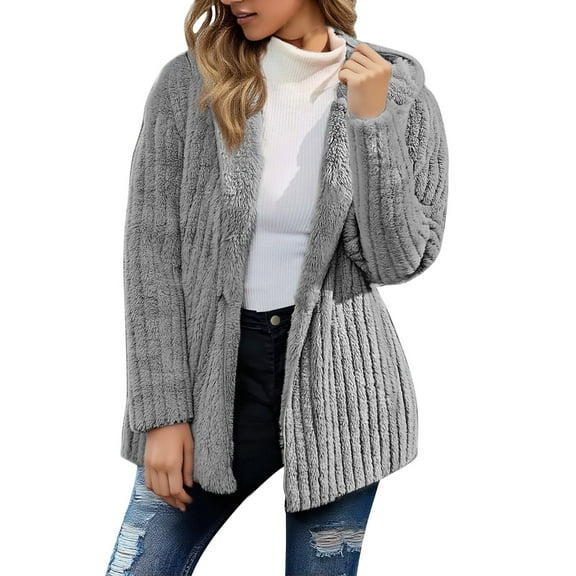 Yigetop Fluffy Jacket, Long Cardigans Jackets for Women Trendy Casual Faux Fuzzy Coats Hooded Open Front Fleece Jackets Outerwear Fuzzy Jackets for Women Grey S