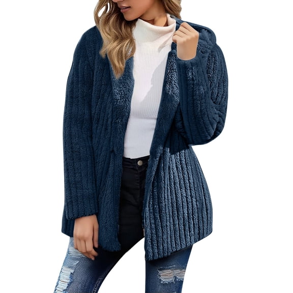 Yigetop Fluffy Jacket, Long Cardigans Jackets for Women Trendy Casual Faux Fuzzy Coats Hooded Open Front Fleece Jackets Outerwear Fuzzy Jackets for Women A XS