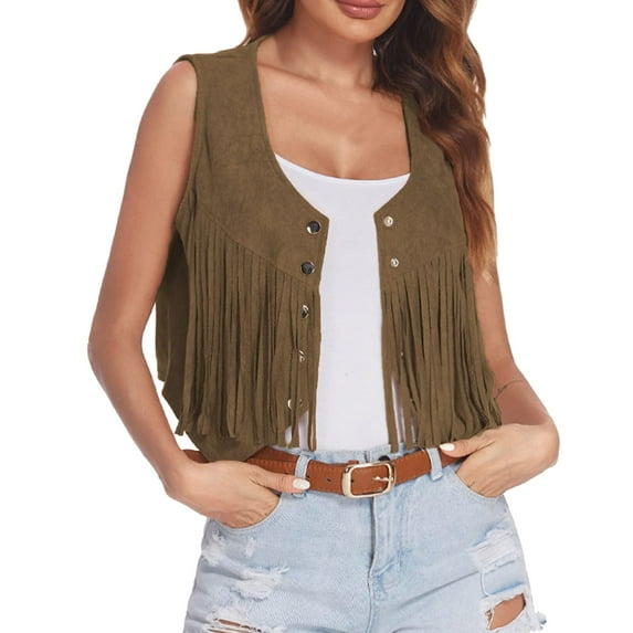Yigetop Fringe Vest Women Fringe Vest Women Faux Suede Open-Front Vintage Vest Sleeveless 70S Hippie Clothes Boho Western Jacket Fringe Tops for Women Coffee L