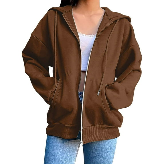 Yigetop Full Zip Hoodies for Women, Hoodie Women Oversized Cute Lightweight Jackets Trendy Hooded Sweatshirt Workout Fall Jacket with Pockets Zip Up Hoodies Brown M