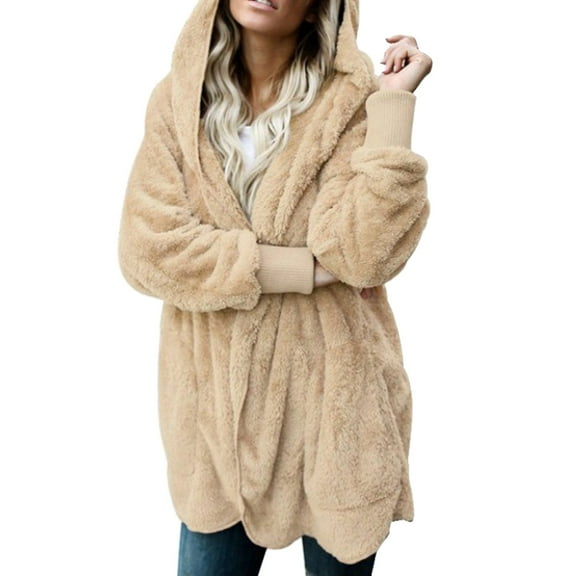 Yigetop Fur Coats for Women Jacket Women Fuzzy Long Sleeve Open Front Hooded Cardigans Hoodies Shaggy Fleece Jackets Winter Faux Coat Faux Fur Jacket Beige 5XL