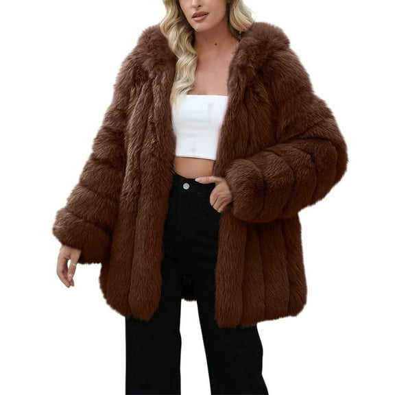 Yigetop Fur Coats for Women Women's Fluffy Fur Coat 2025 Winter Oversized Outerwear Long Sleeve Open Front Lapel Trench Coats Outerwear Furry Jackets for Women Coffee S