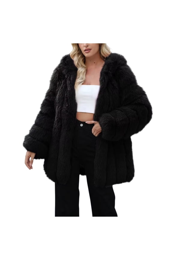 Fur Coats for Women Women's Fluffy Fur Coat 2025 Winter Oversized Outerwear Long Sleeve Open Front Lapel Trench Coats Outerwear Furry Jackets for Women Black L