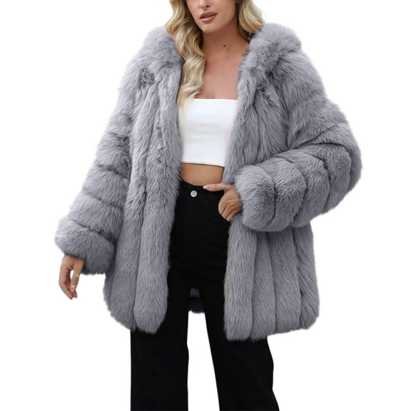 Yigetop Fur Coats for Women Women's Fluffy Fur Coat 2025 Winter Oversized Outerwear Long Sleeve Open Front Lapel Trench Coats Outerwear Furry Jackets for Women Grey S