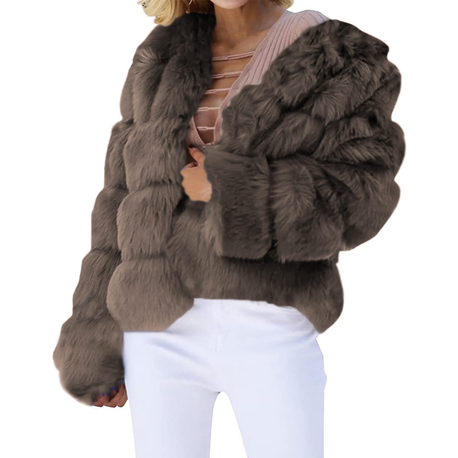 Yigetop Fur Coats for Women European and American Wool Imitation Jacket Women's Short Long Sleeve Faux Leather Coat Faux Fur Jacket Women Coffee L