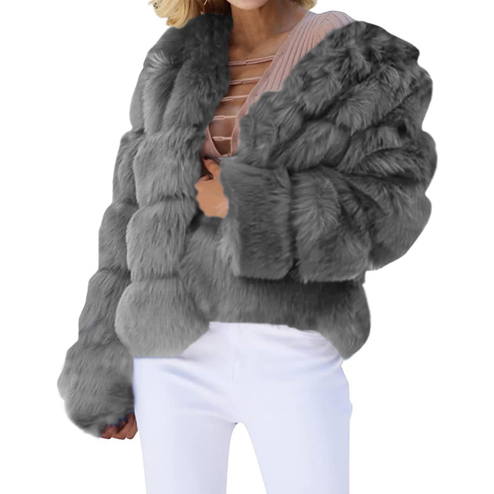 Yigetop Fur Coats for Women European and American Wool Imitation Jacket Women's Short Long Sleeve Faux Leather Coat Faux Fur Jacket Women Grey XL