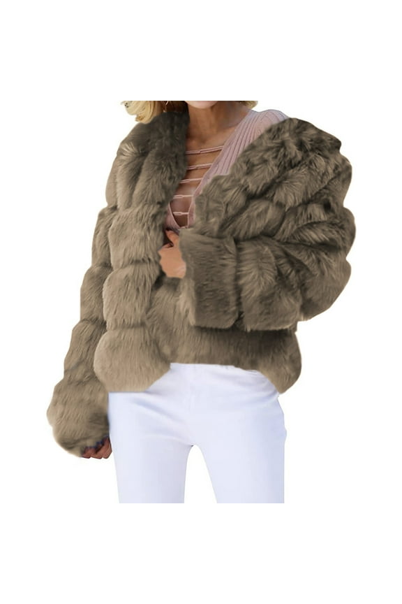 Fur Coats for Women European and American Wool Imitation Jacket Women's Short Long Sleeve Faux Leather Coat Faux Fur Jacket Women Khaki M