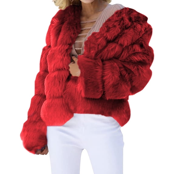 Yigetop Fur Coats for Women European and American Wool Imitation Jacket Women's Short Long Sleeve Faux Leather Coat Faux Fur Jacket Women Red S