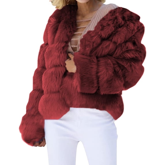 Yigetop Fur Coats for Women European and American Wool Imitation Jacket Women's Short Long Sleeve Faux Leather Coat Faux Fur Jacket Women Wine 4XL