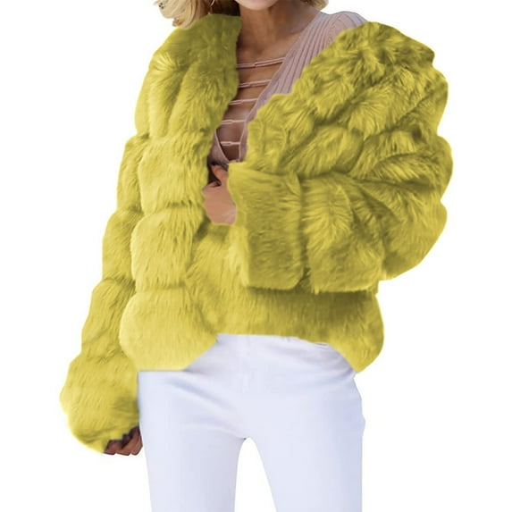 Yigetop Fur Coats for Women European and American Wool Imitation Jacket Women's Short Long Sleeve Faux Leather Coat Faux Fur Jacket Women Yellow 2XL