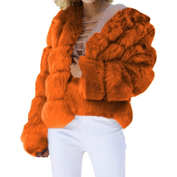 Yigetop Fur Coats for Women European and American Wool Imitation Jacket Women's Short Long Sleeve Faux Leather Coat Faux Fur Jacket Women orange 5XL