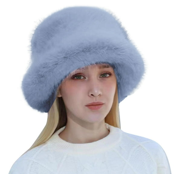 Yigetop Furry Hat Women Fashion Solid Color Mink Hat Windproof Warm Dome Hat Casual Plush in Winter Fuzzy Bucket Hats for Woman Blue One Size